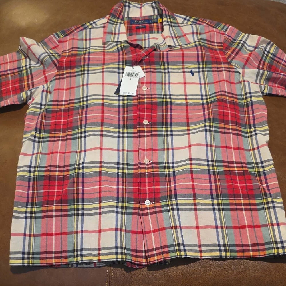 Ralph Lauren Men's Red and Blue Plaid Shirt